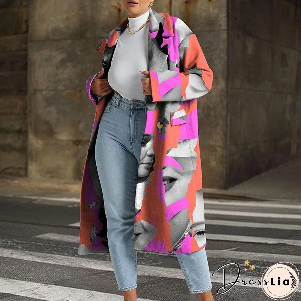 Leaves And Figure Printed Long Coat