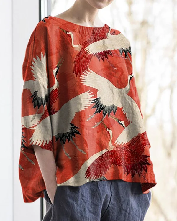 Japanese Crane Print Round Neck Cotton and Linen Loose Top
