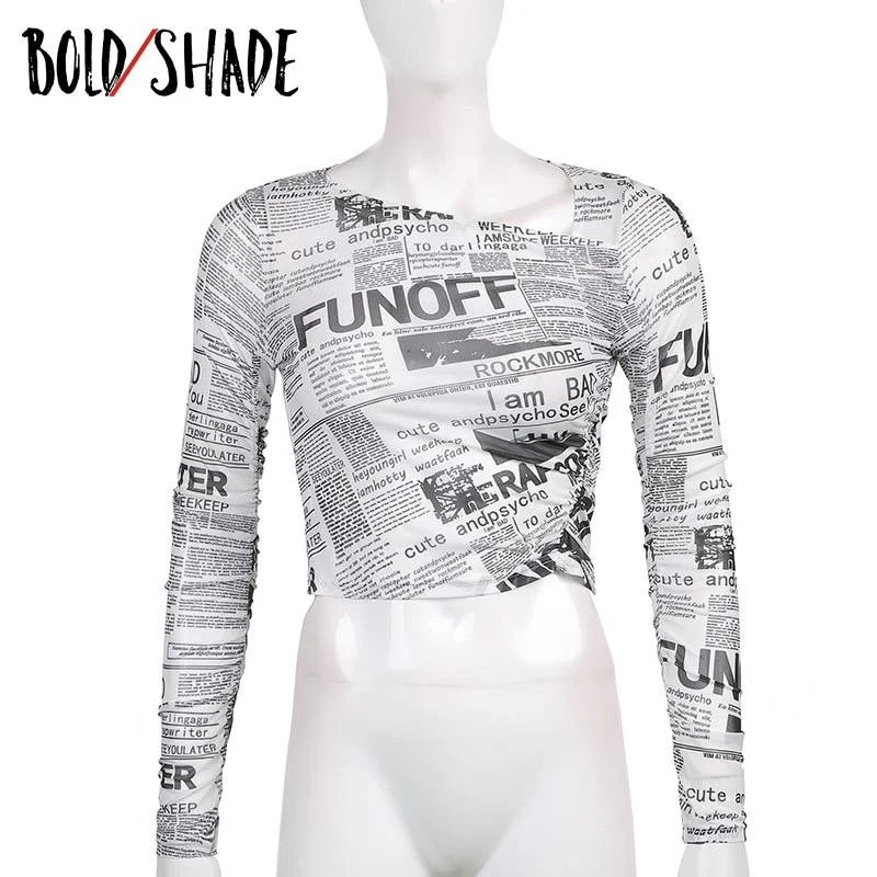 Bold Shade Women Print Mesh T Shirt Long Sleeve Street Style Fairy Grunge Slim Tops Mesh Navel Y2K Indie Elastic Tee Shirts 2021