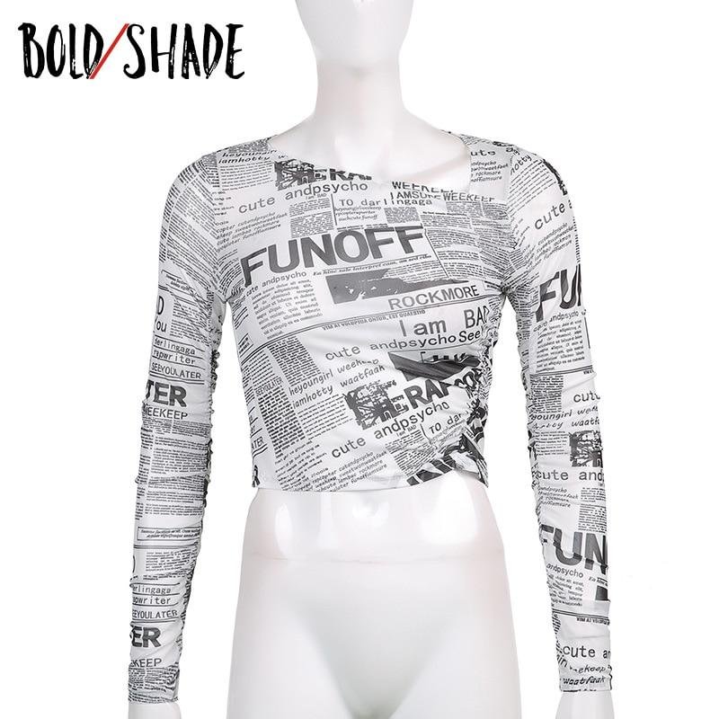 Bold Shade Women Print Mesh T Shirt Long Sleeve Street Style Fairy Grunge Slim Tops Mesh Navel Y2K Indie Elastic Tee Shirts 2021