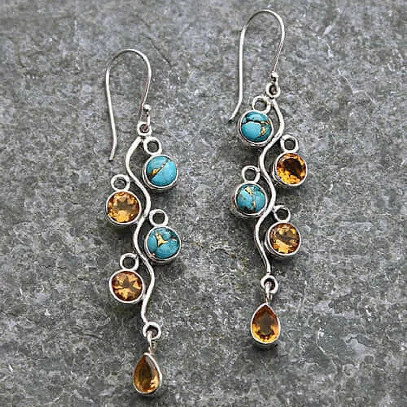 Fashion Green Stone and Citrine Earrings Women Silver Color Leaf Zircon Tassel Drop Earrings Bridal Party Jewelry Accessories