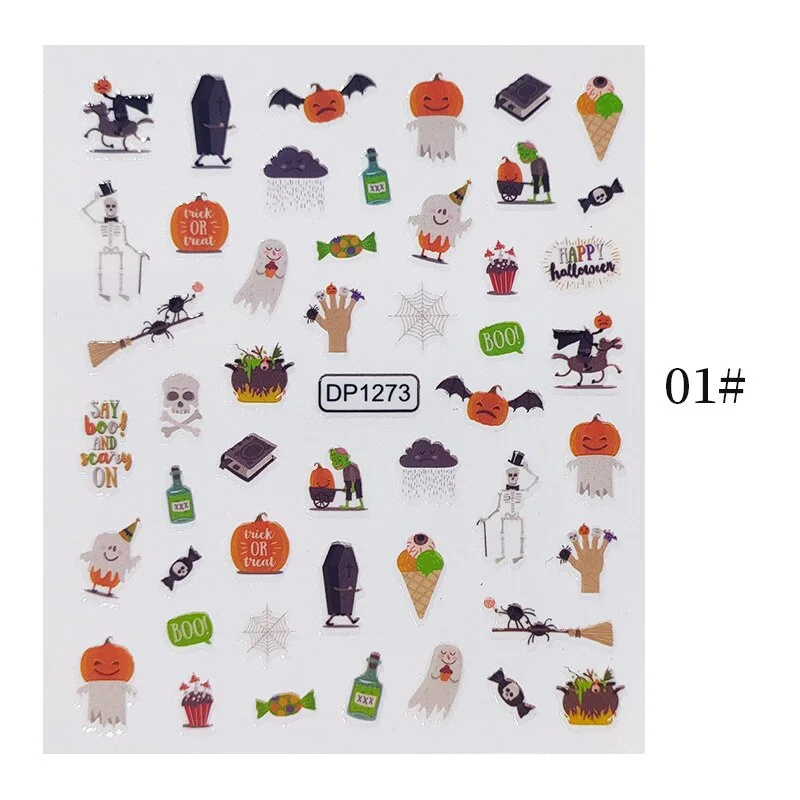 Halloween 3D Nail Stickers Skeleton Pumpkin Design Adhesive Nail Transfer Sliders Paper Autumn Winter DIY Nail Art Decoration