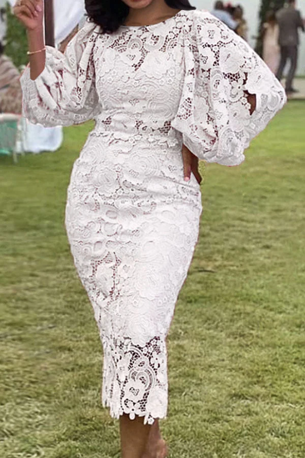 Lace Elegant Puff Sleeve Midi Dress