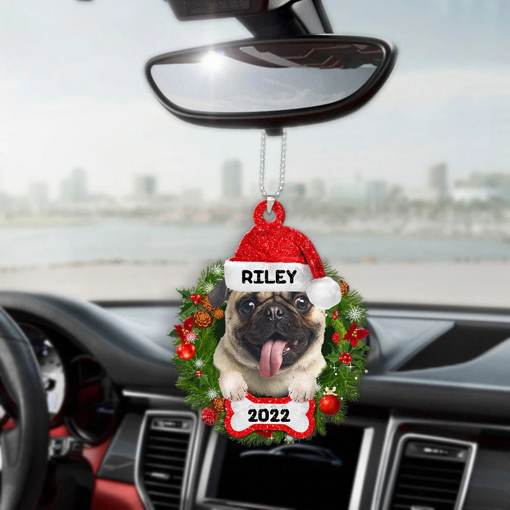 Pug Dog Custom Name Christmas Car Hanging Ornament