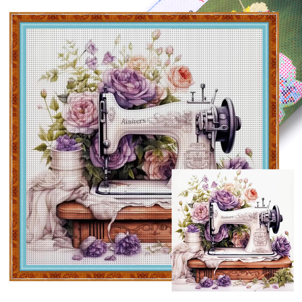 Flower And Grass Sewing Machine Full 14CT Pre-stamped Canvas(40*40cm) Cross Stitch