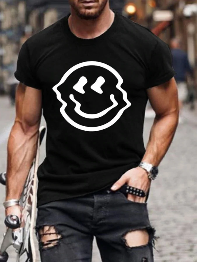 Casual men's fashionable smiley face printed short sleeve T-shirt.jpg