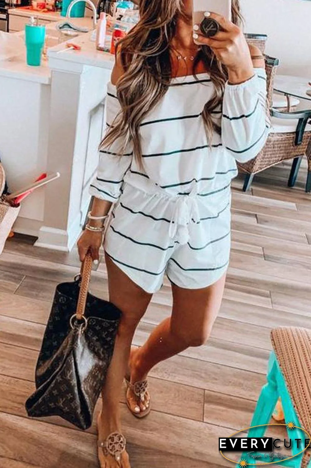 Off Shoulder Striped Printed Drawstring Romper P13659
