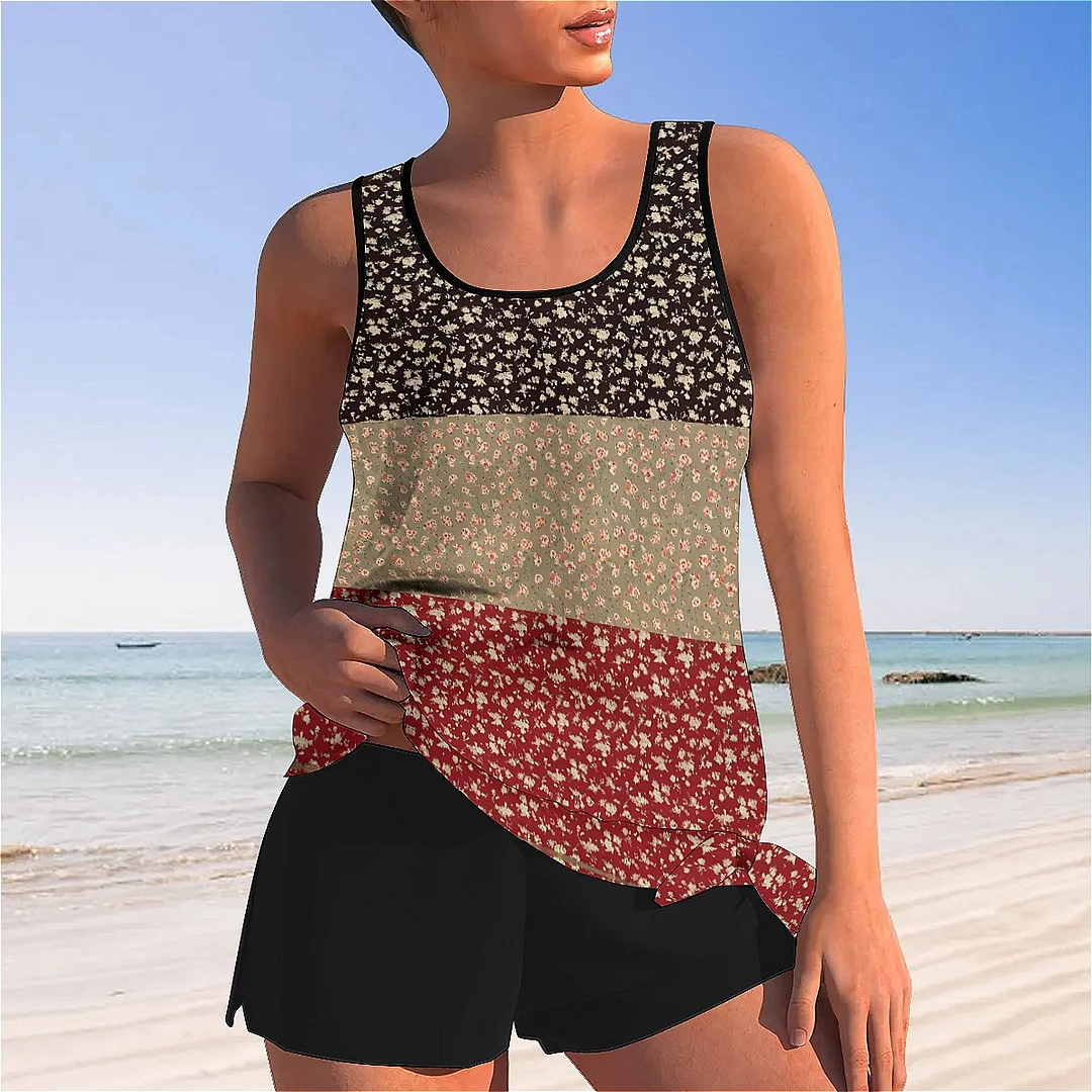 Bowknot Butterfly,Floral,Red,Light Coffe,Navy,Stitch Mid Waisted Tankini Set - Plus Size Available