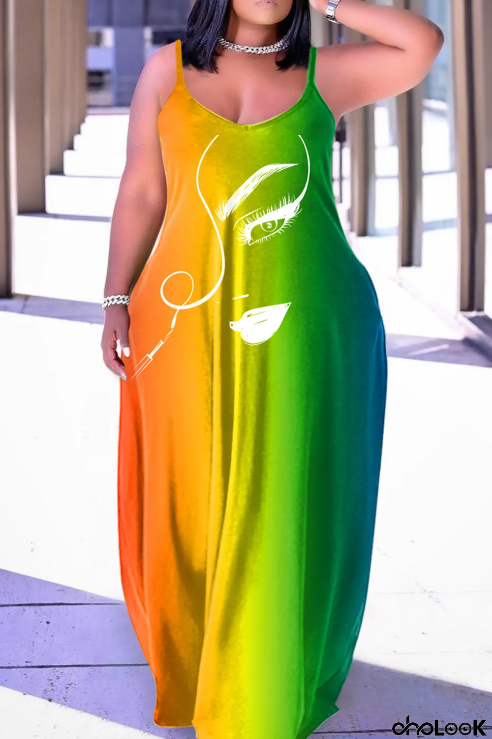 Tangerine Red Sexy Casual Print Backless Spaghetti Strap Long Dress Dresses