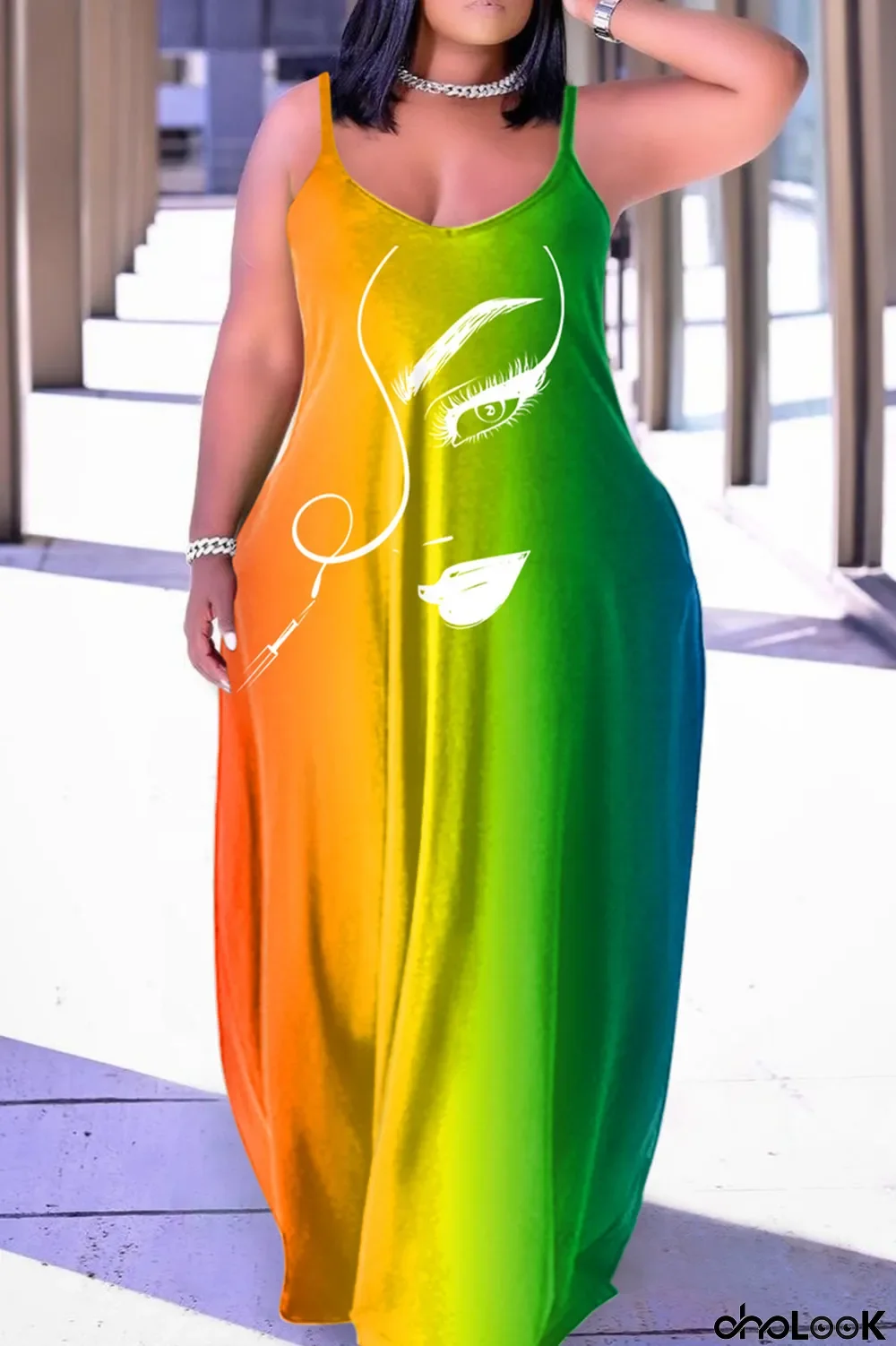 Tangerine Red Sexy Casual Print Backless Spaghetti Strap Long Dress Dresses