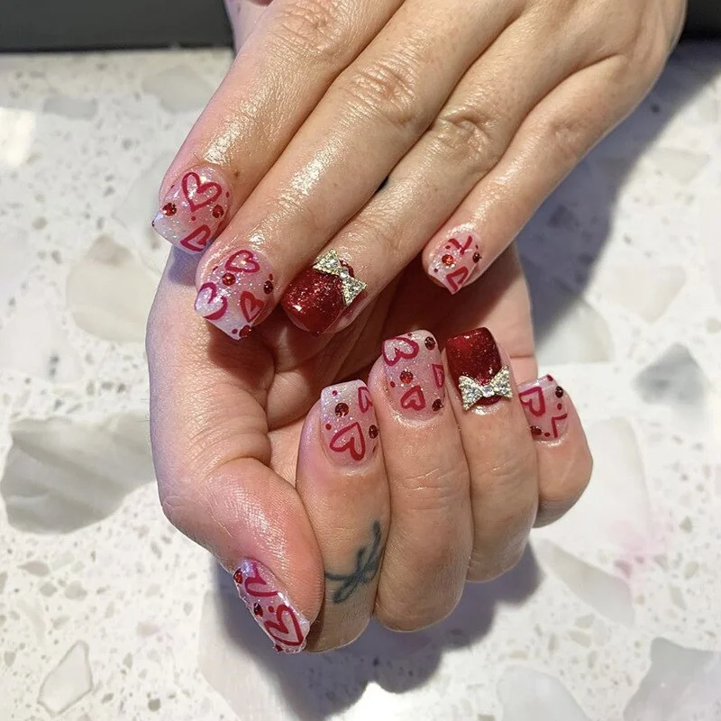 Churchf Wearable False Nails with Glue Valentine's Day Short Ballet Fake Nails Colorful French Heart Lip Pattern Press on Nails