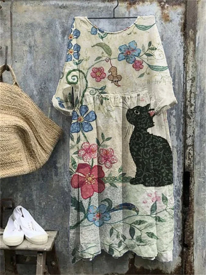 Women's Cat Print Cotton And Linen Dress
