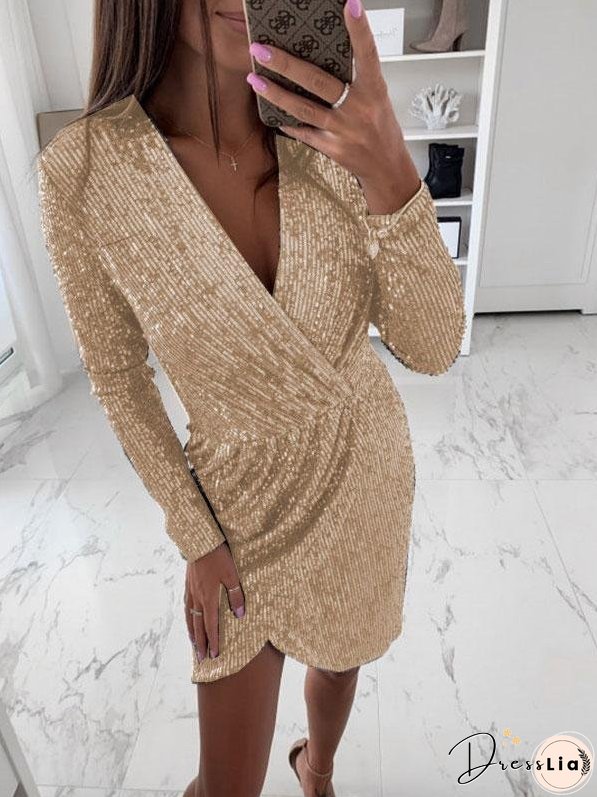 Women's Dresses Gilded Deep V-Neck Long Sleeve Irregular Mini Dress
