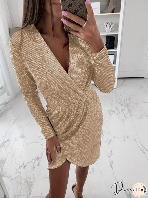 Women's Dresses Gilded Deep V-Neck Long Sleeve Irregular Mini Dress