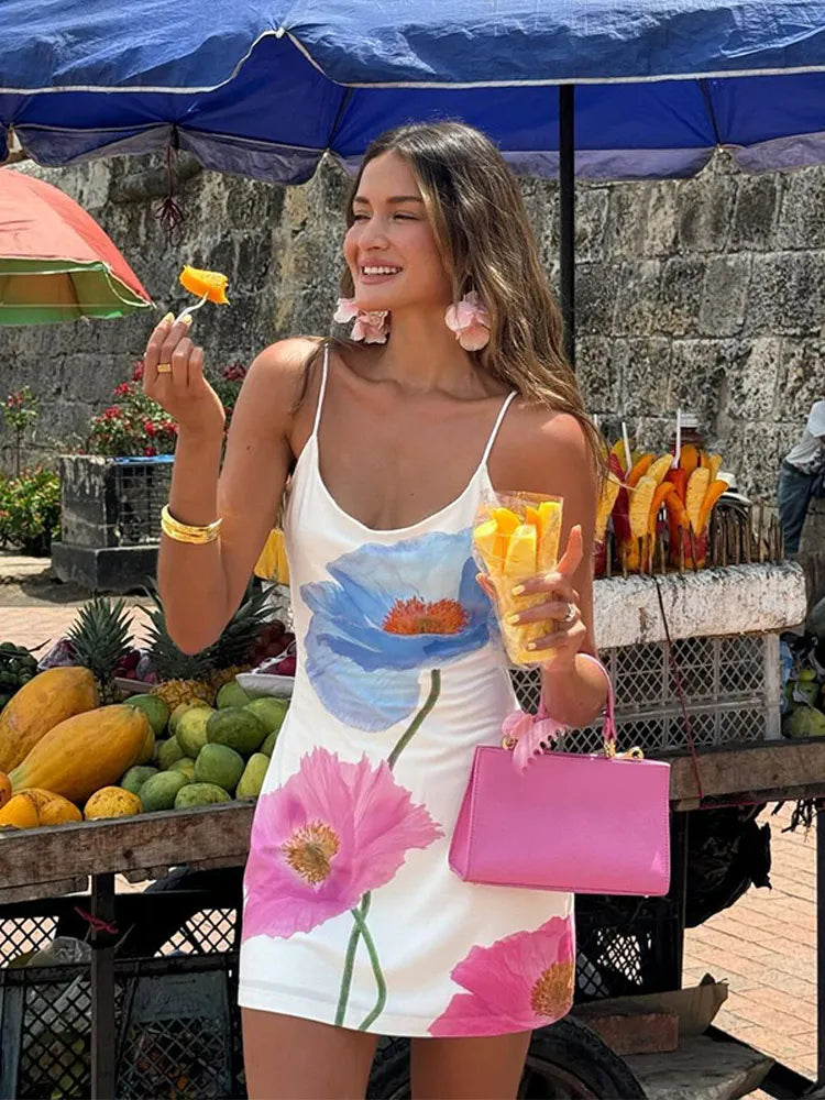 Aiertu Fashion Flower Printed Women Sling Dress Elegant U-neck Backless Bodycon Dresses Summer Lady Chic Beach Vacation Robes 2024 Aiertu