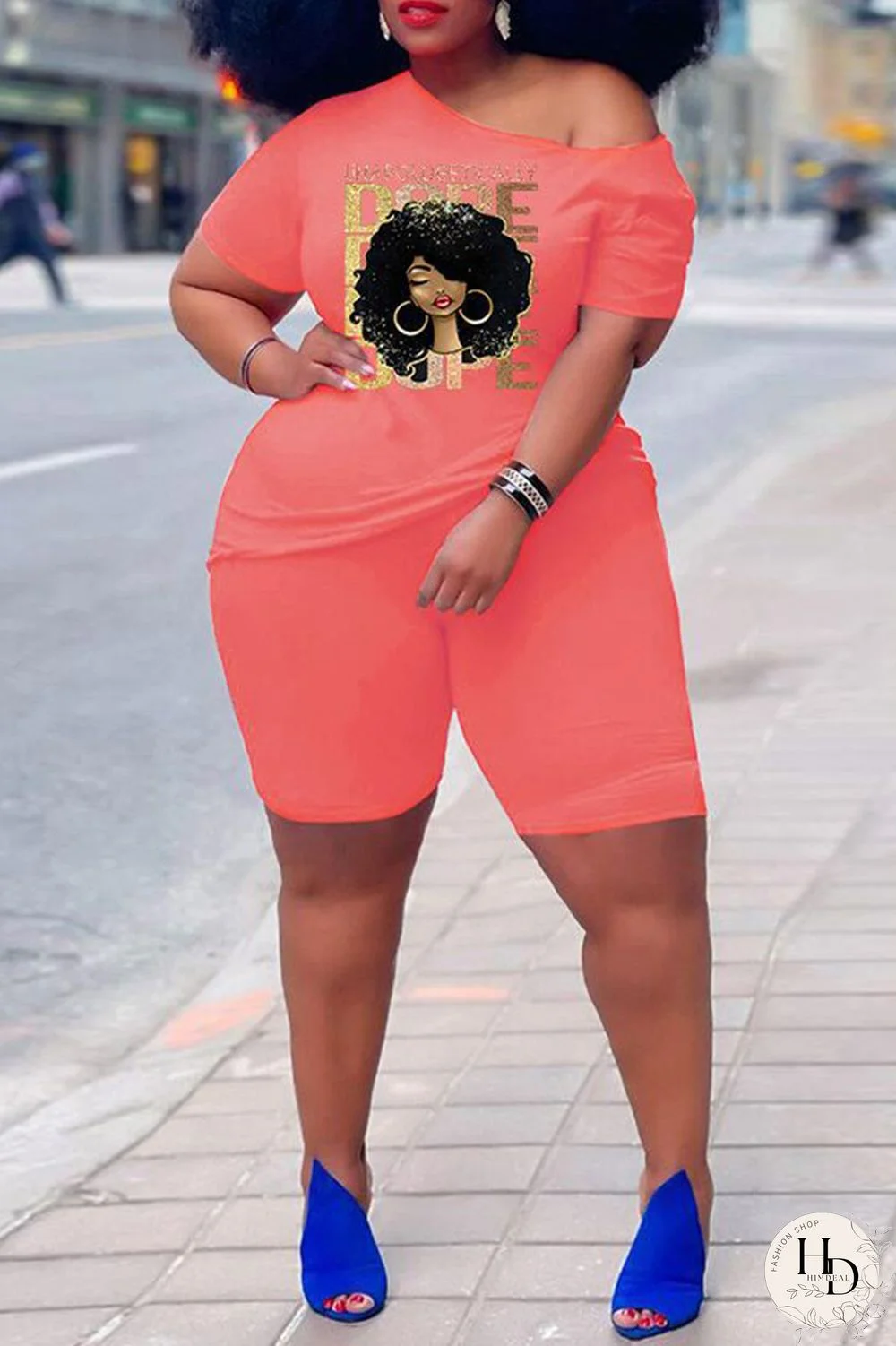 Rose Red Casual Print Basic Oblique Collar Short Sleeve Two Pieces