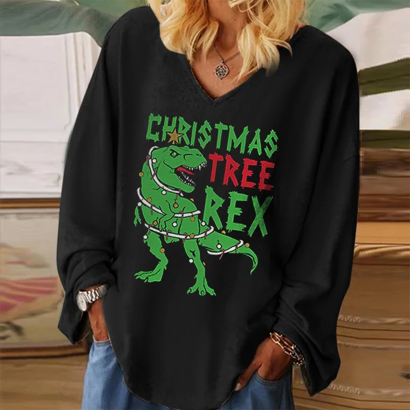 Christmas Tree Rex Dinosaur Print Long Sleeve T-shirt