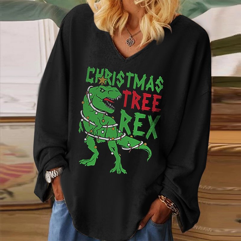 Christmas Tree Rex Dinosaur Print Long Sleeve T-shirt
