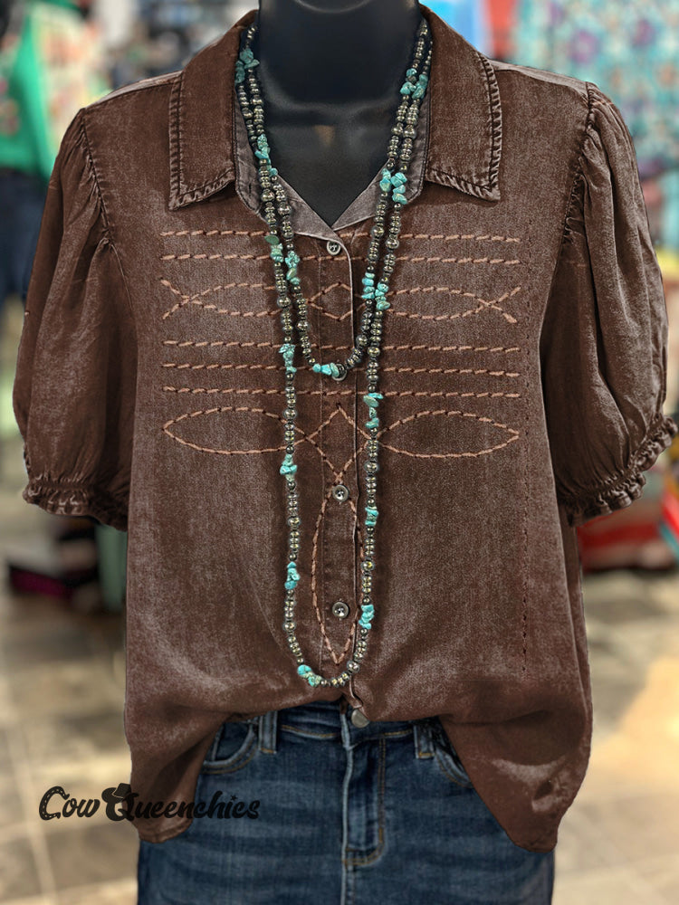 Women’s Western Boots Pattern Print Casual Cotton Shirt Multicolor / S