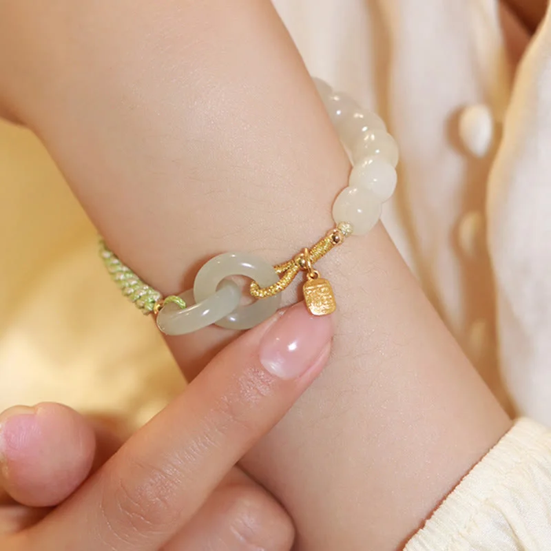 Natural Hetian Jade Bead Double Peace Buckle Fu Character Abundance Braided Bracelet