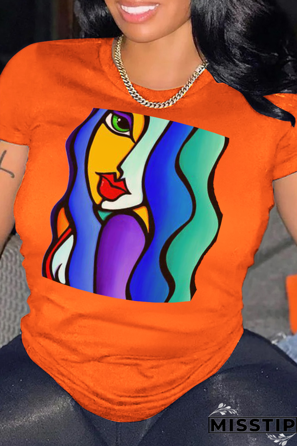 White Street Print Patchwork O Neck T-Shirts