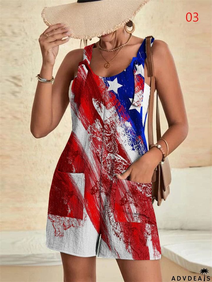 Lady Temperament Star Flag Print Sleeveless Jumpsuits