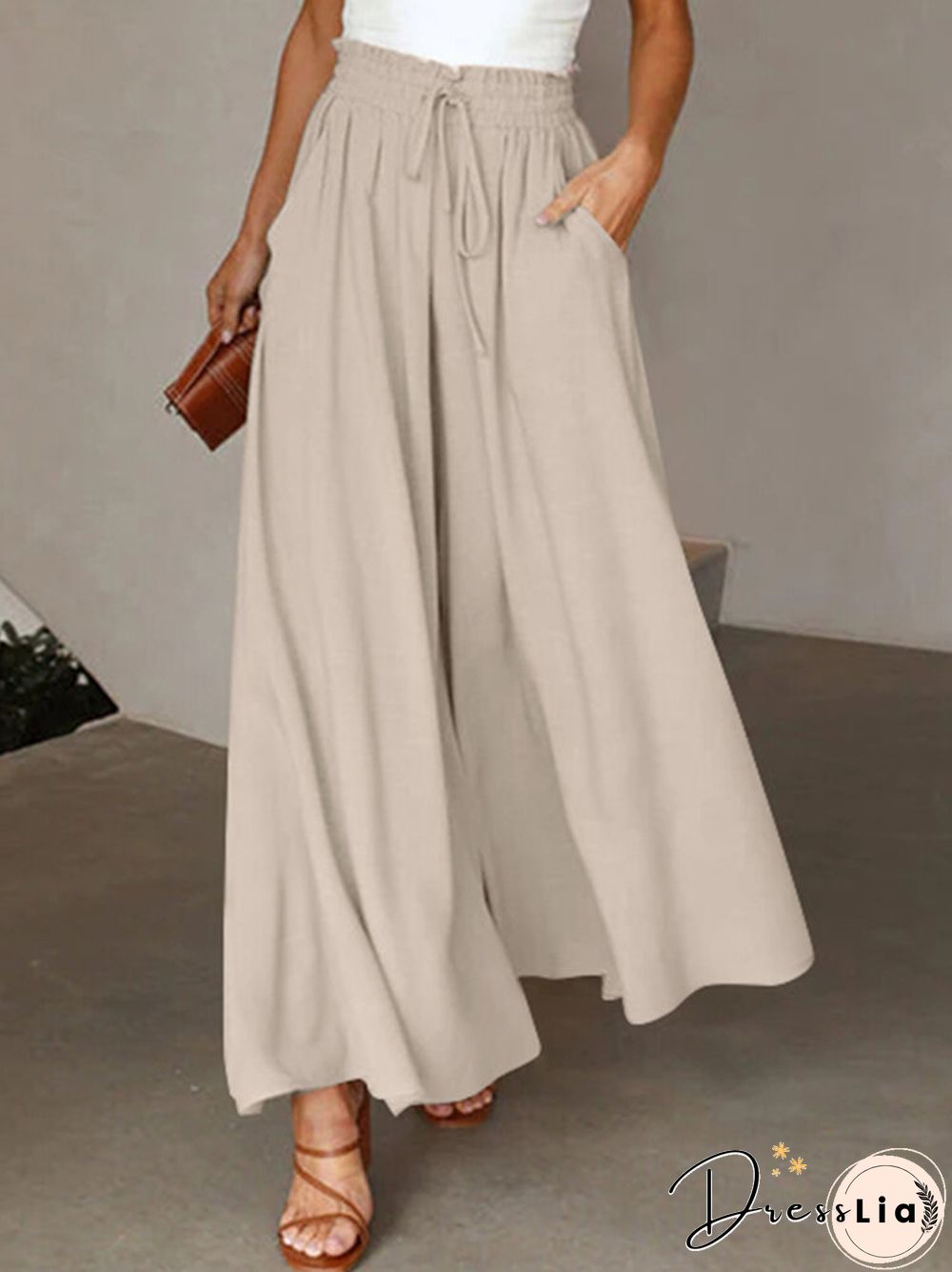 Solid Drawstring Waist Pocket Wide Leg Pants