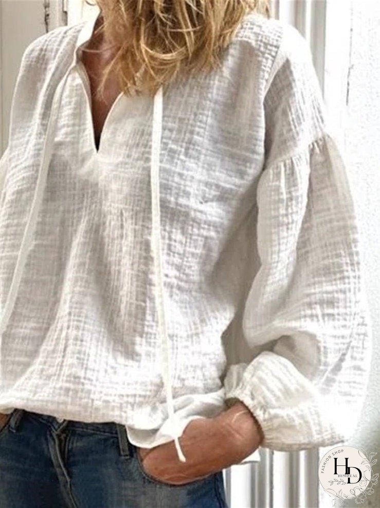 Blouses Casual Solid V-Neck Long Sleeve Blouse for Women