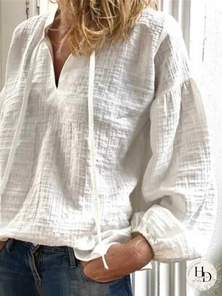Blouses Casual Solid V-Neck Long Sleeve Blouse for Women