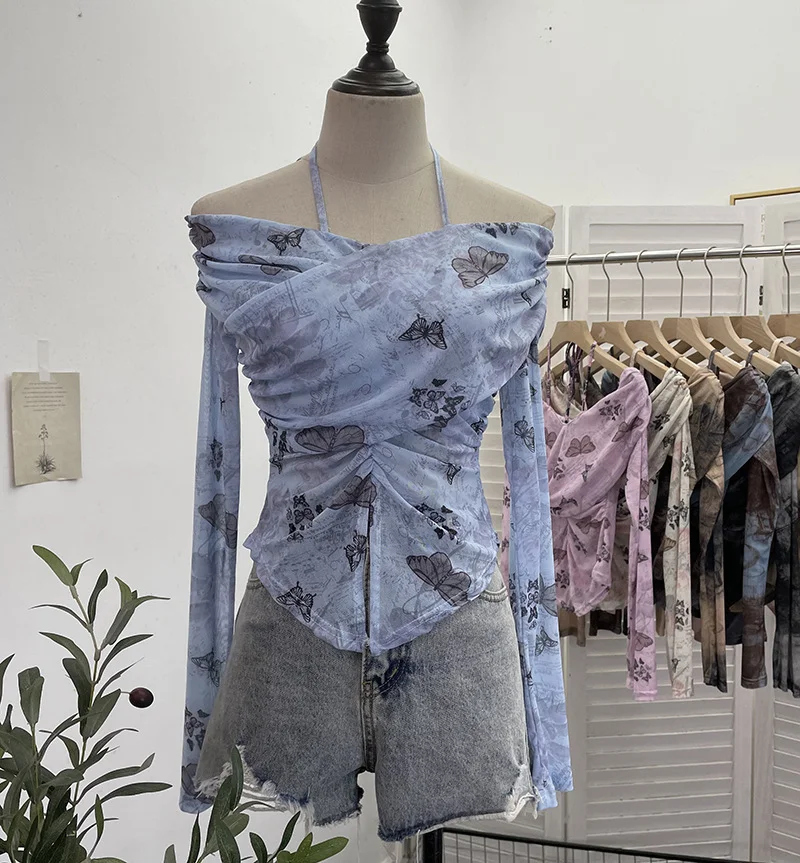 Uveng Real Shot Shoulder Strap Hanging Neck Pure Lust Wind Long-Sleeved T-Shirt Repair Cross-Folded Open Fork Short Top 9932