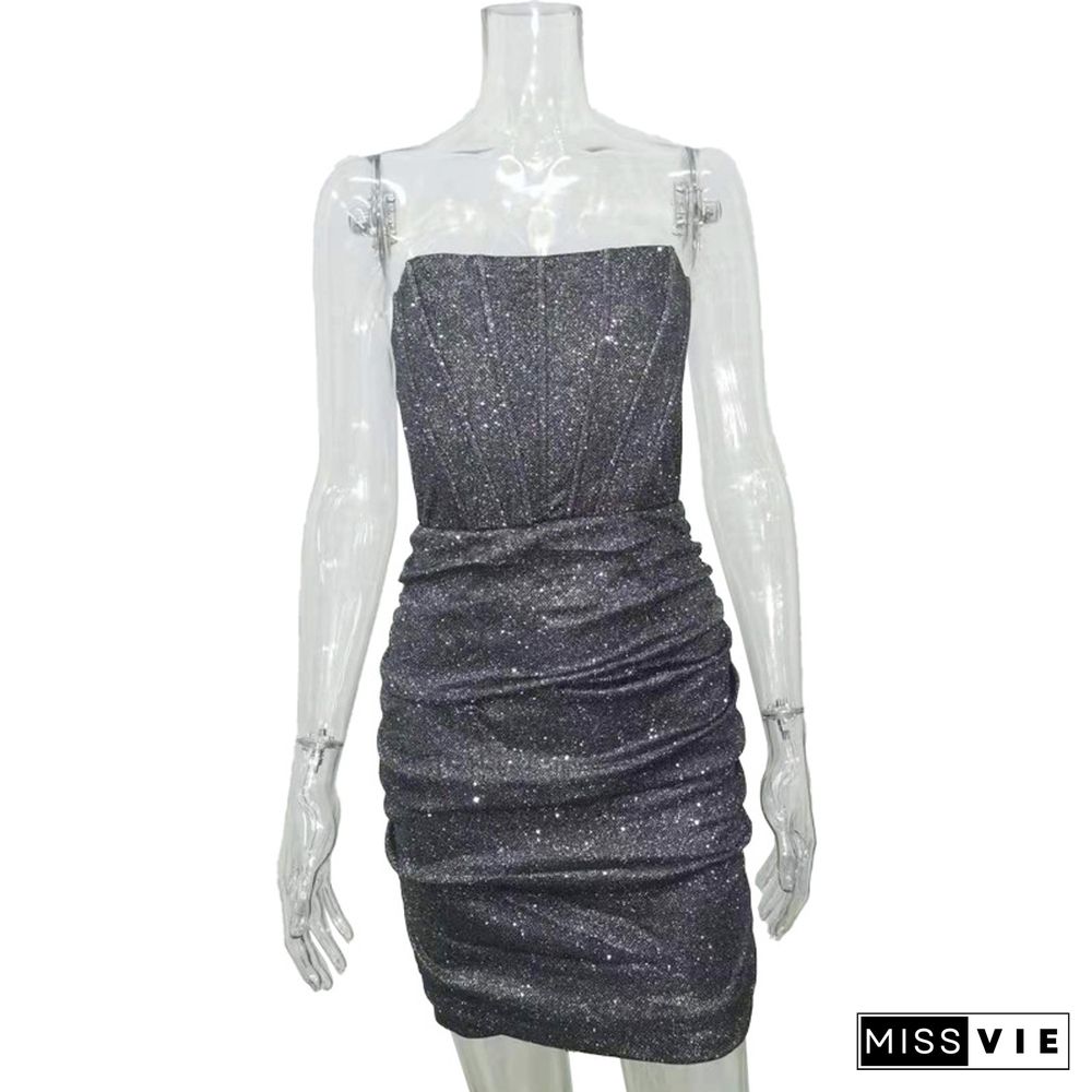 Avrilyaan Sliver Glitter Sexy Dress Women Strapless Skeleton Mini Summer Bodycon Dress Vestido Elegant Night Party Dress