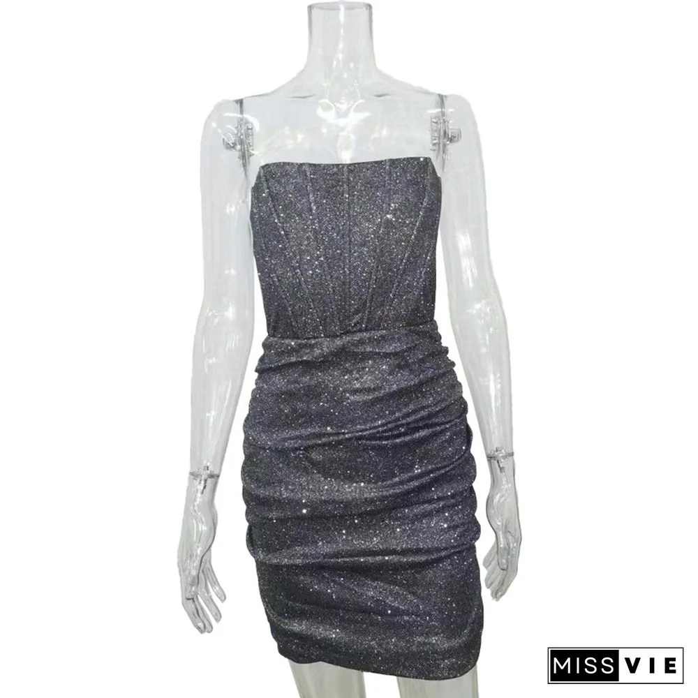 Avrilyaan Sliver Glitter Sexy Dress Women Strapless Skeleton Mini Summer Bodycon Dress Vestido Elegant Night Party Dress