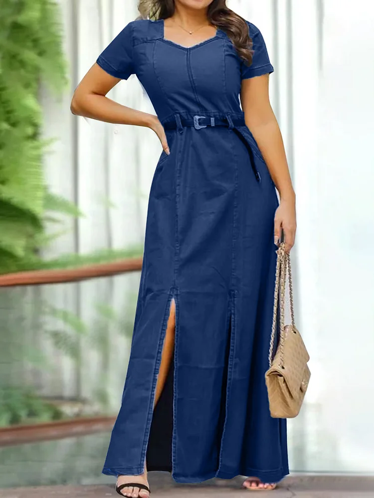 Casual Plain Short Sleeve A-Line Split Hem Maxi Dress