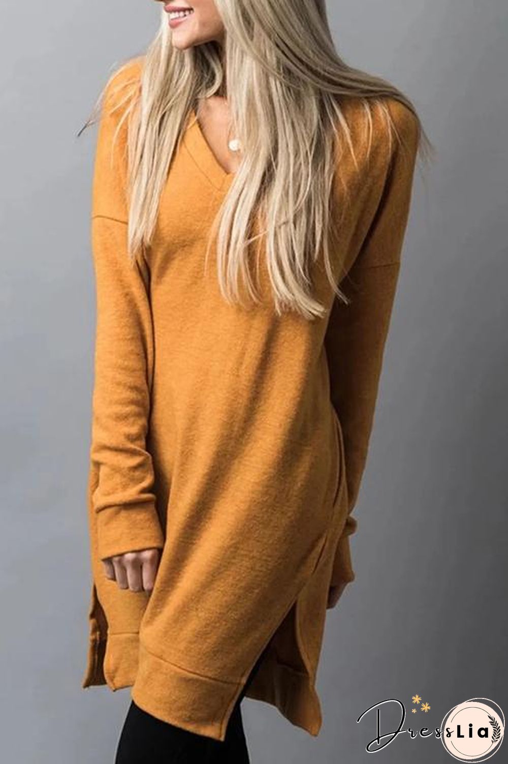 Pockets Slit V Neck Hoodie Dress