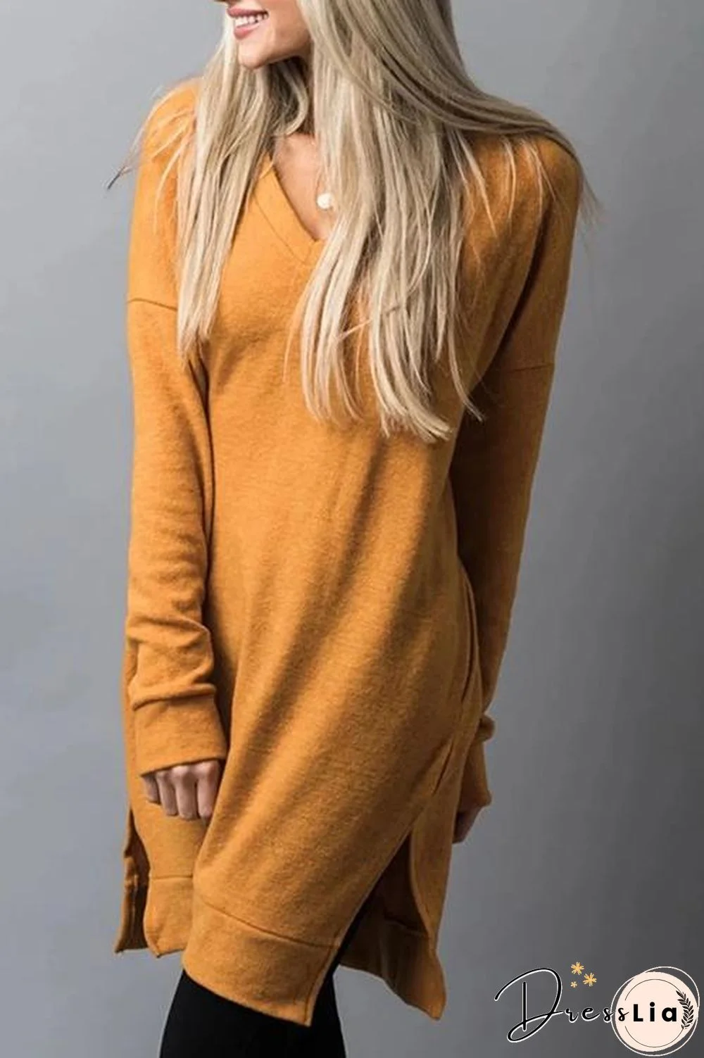 Pockets Slit V Neck Hoodie Dress