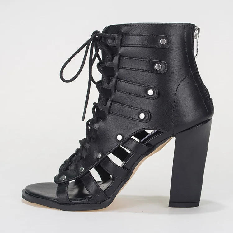 Black Lace-Up Open Toe Chunky Heel Summer Boots Vdcoo