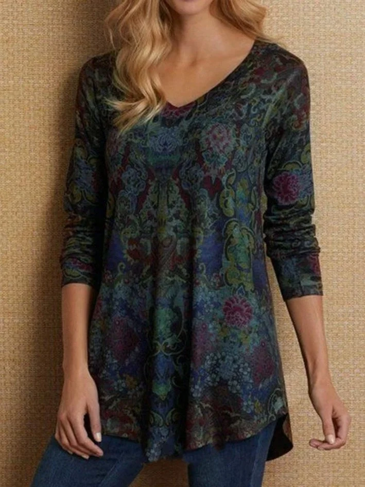 Brownm Stylish Women's Floral V-neck Loose T-shirt