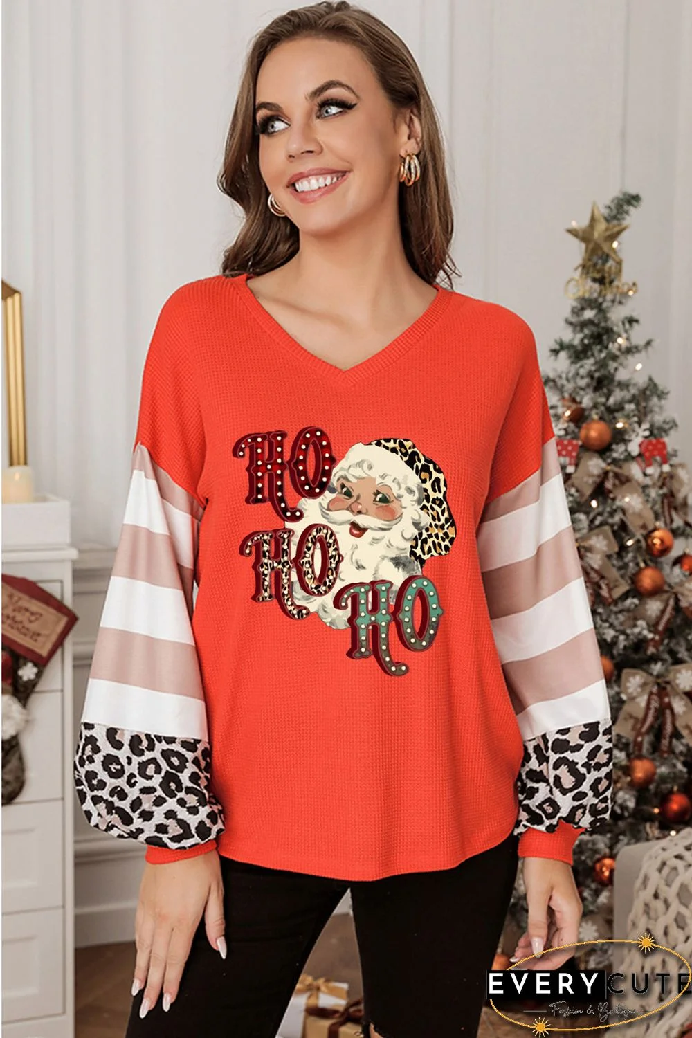 Leopard Letter Christmas Graphic Print Waffle Knit Shirt