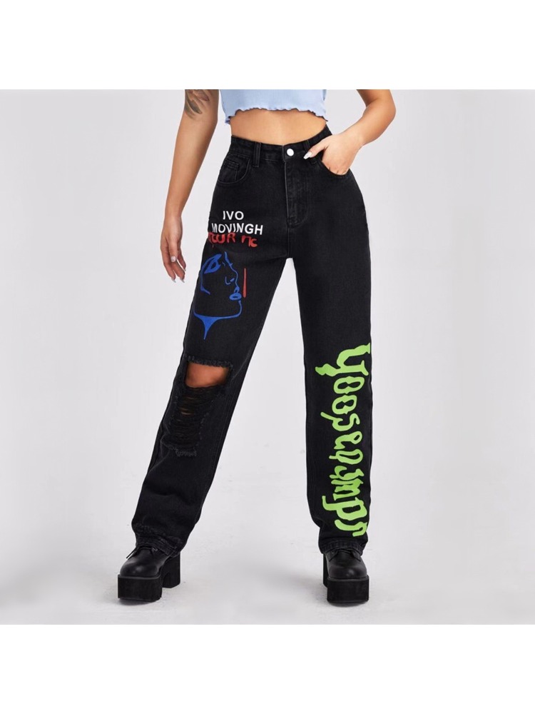 Women's New Holed Fashionable Printed Design Jeans Casual and Versatile Solid Color Letter Printed Wide Leg Pants