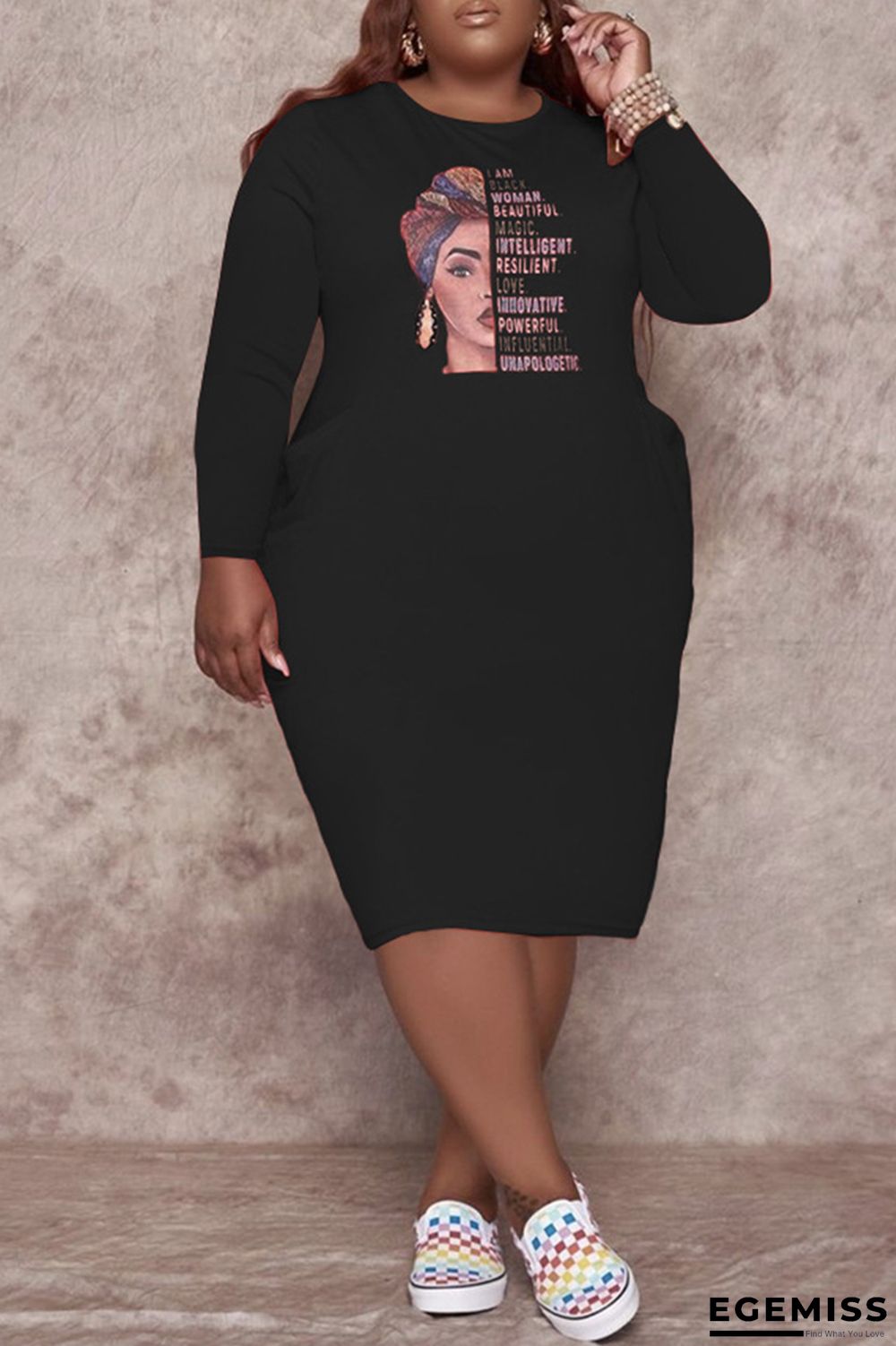 Black Fashion Casual Print Basic O Neck Long Sleeve Plus Size Dresses | EGEMISS