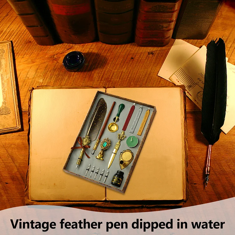 Exquisite Feather Dip Pen Kit Creative Feather Dip Pen Stamp Set for DIY (Grey)