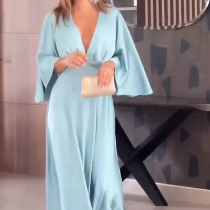 Toloer Toloer Summer New Leisure Light Luxury Home Deep V Pure Color Loose Dress-Outfit Ideas