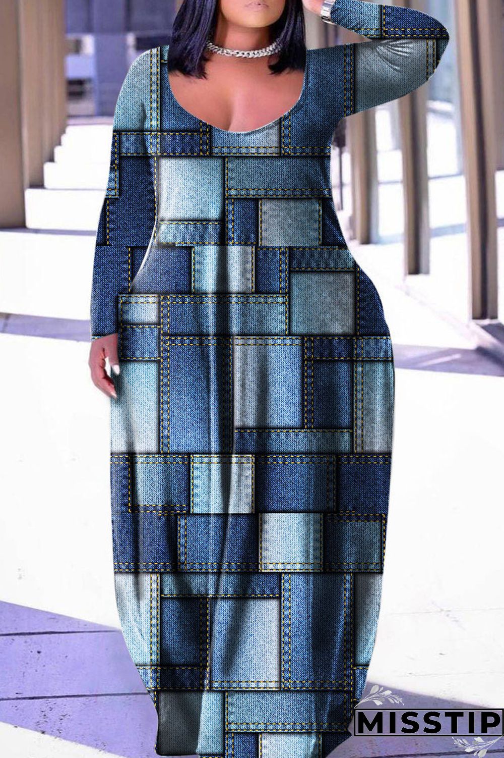 Dark Blue Casual Print Patchwork Basic V Neck Long Sleeve Plus Size Dresses