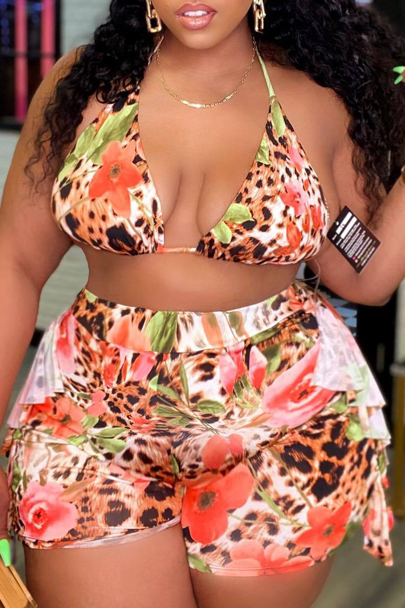 Leopard Print Sexy Leopard Flounce Halter Plus Size Two Pieces | EGEMISS