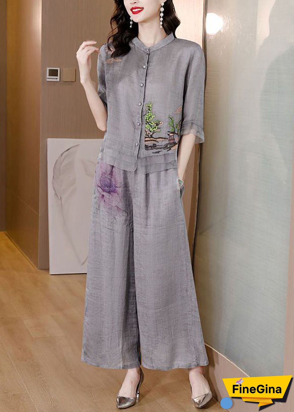 Handmade Grey Embroideried Patchwork Linen Two Pieces Set Summer