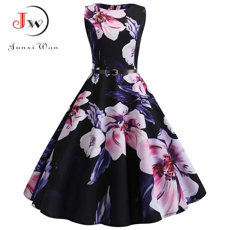 Women Vintage Floral Print Summer Dress Elegant Swing Rockabilly Party Dresses Casual Midi Tunic Beach Dress