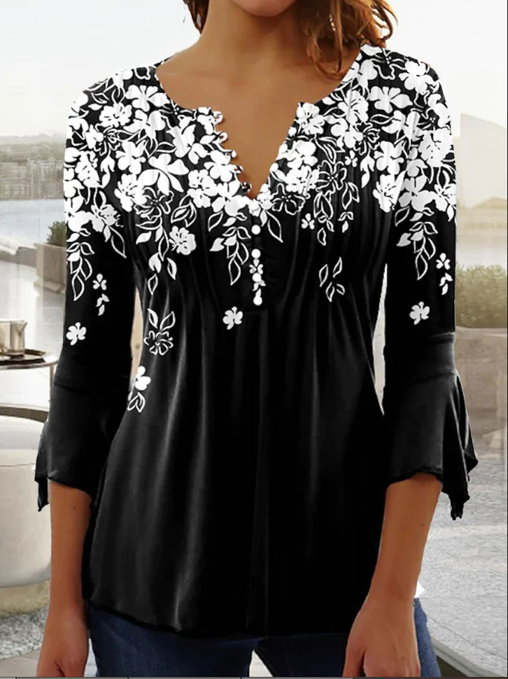 Women's Flowers Print Long Sleeve Casual Shirt Blouse