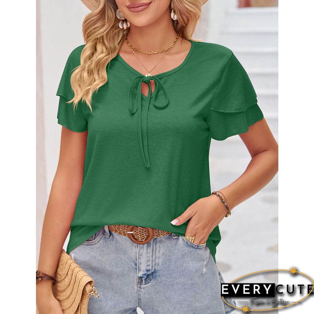 Green Lace-up V Neckline Ruffle Sleeves T-shirt