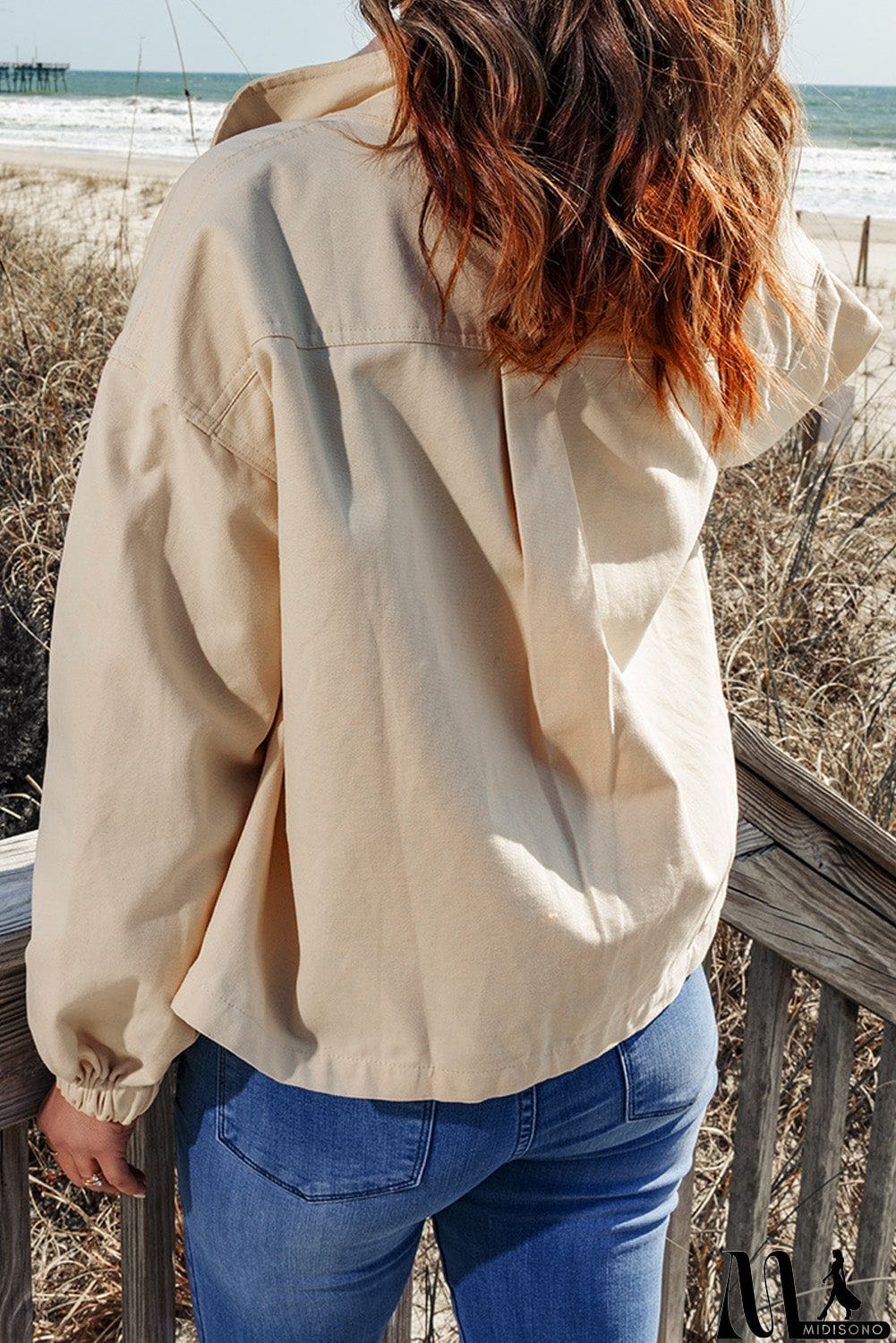 MidiSono - Beige Floral Patchwork Pockets Loose Fit Jacket