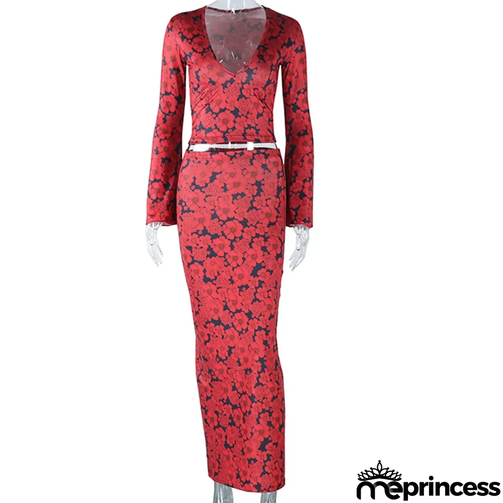 Fashion Print Sexy Deep V Long Sleeve Crop Top Bodycon Skirt Two-Piece Set